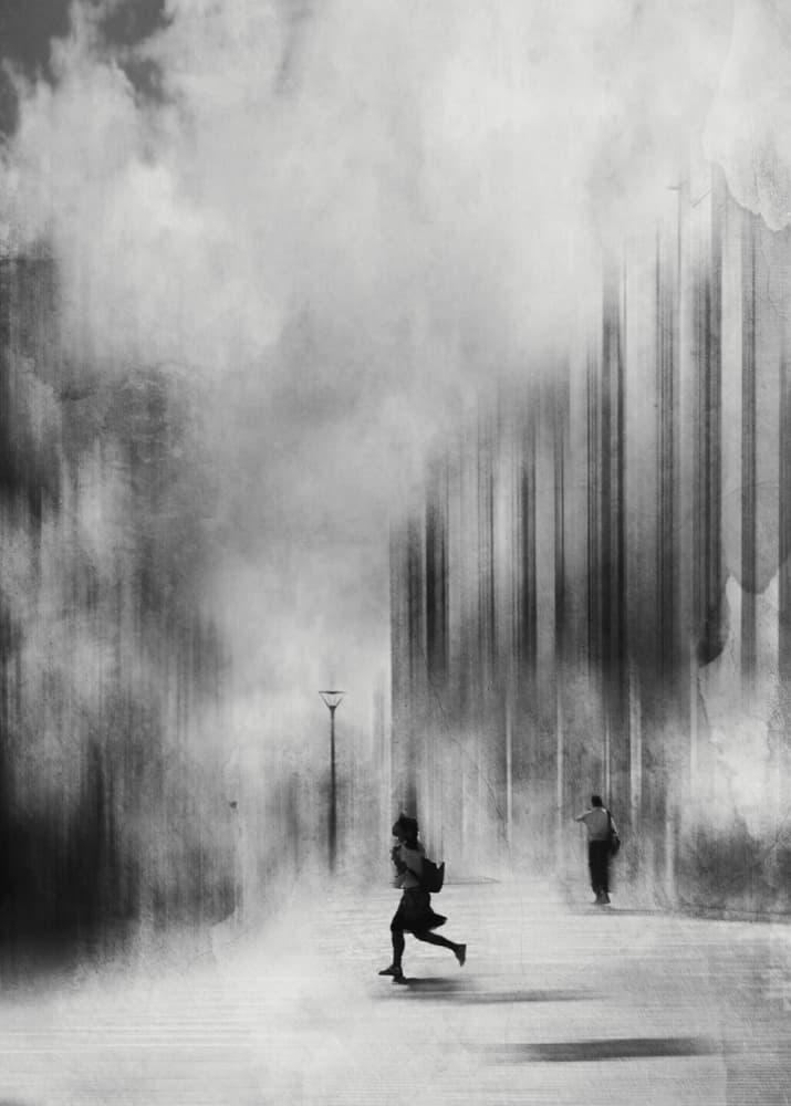 Running Through City Fog by Lammakmak — canvas wall art