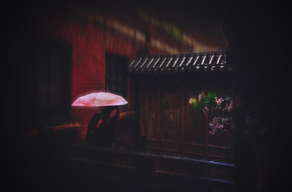 Red Umbrella Rainy Night by Rae Zhang — canvas wall art