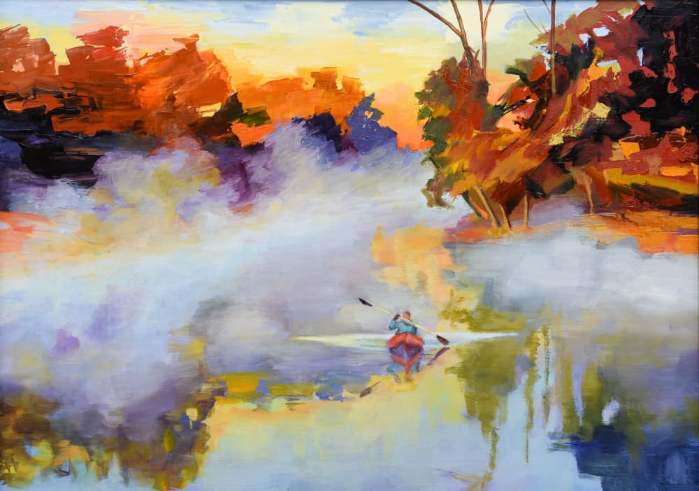 Misty Autumn Kayak by Maxine Shore — canvas wall art