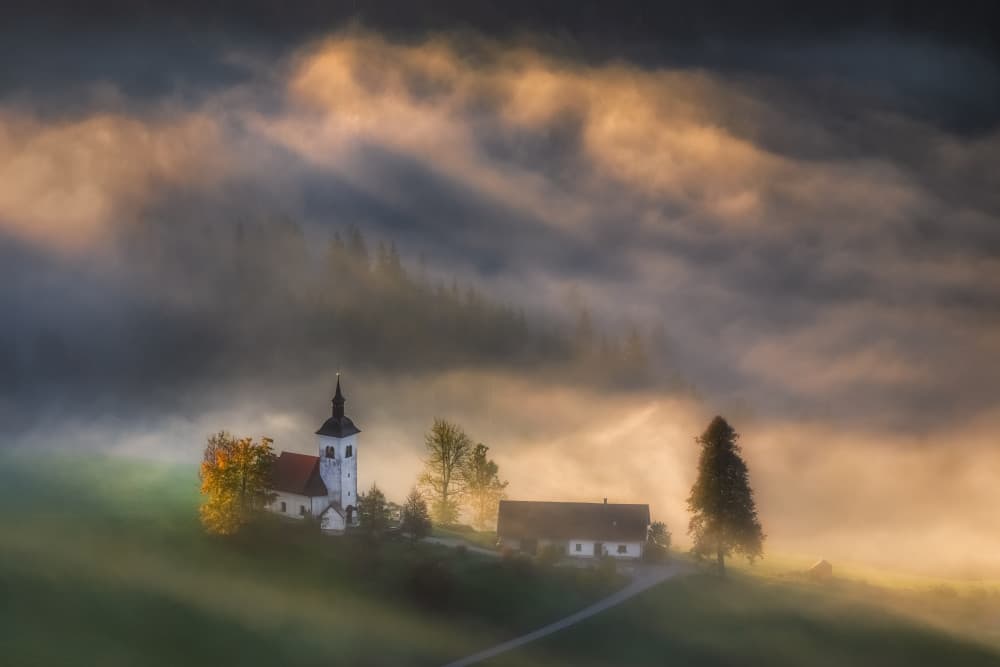 Misty Valley Church by Tomasz Rojek — canvas wall art