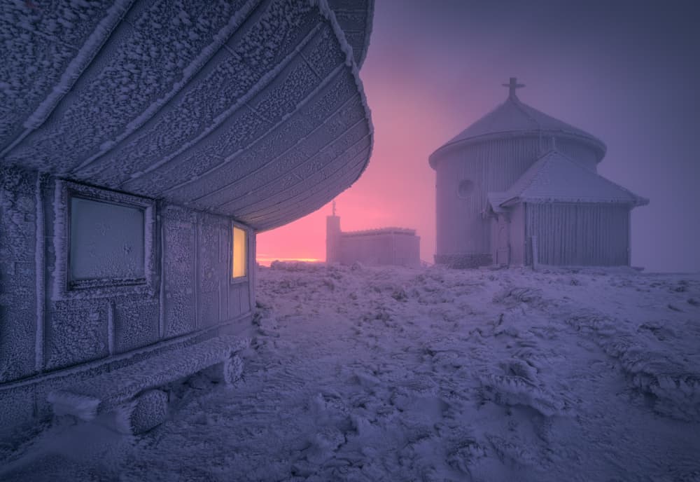 Frozen Chapel Pink Dawn by Karol Nienartowicz — canvas wall art