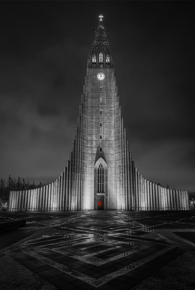 Hallgrímskirkja Night Reflection by Isam Telhami — canvas wall art