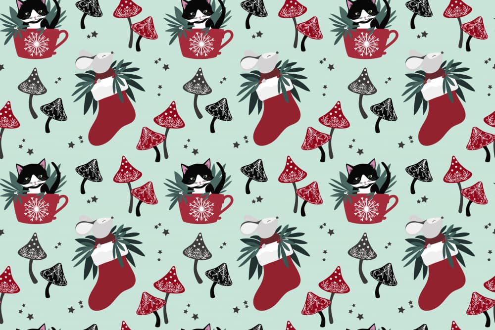 Cozy Christmas Cat Pattern by Rosana Laiz Blursbyai — canvas wall art