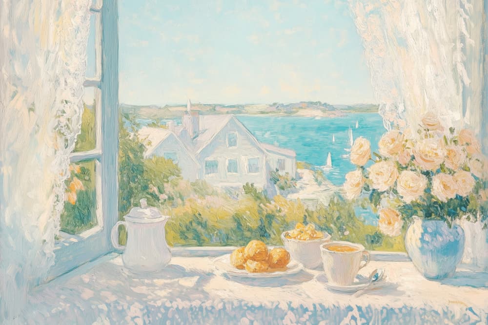 Coastal Morning Breakfast View by Melloi Art Prints — canvas wall art
