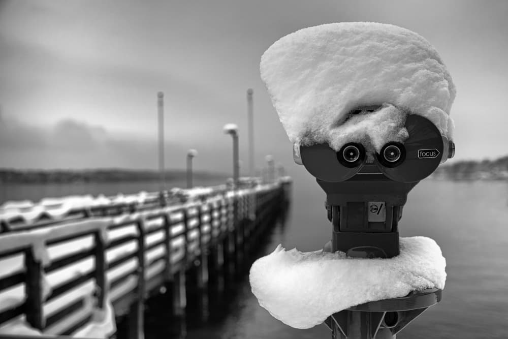 Snowy Binoculars Pier View by Roswitha Schleicher-Schwarz — canvas wall art