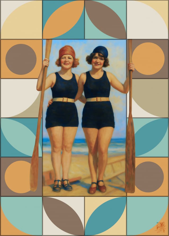 Vintage Beach Paddlers by Osvaldo Russo — canvas wall art