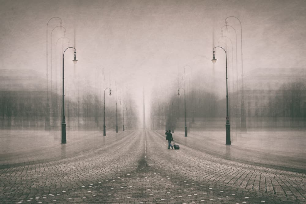 Dreamlike Misty Road by Roswitha Schleicher-Schwarz — canvas wall art