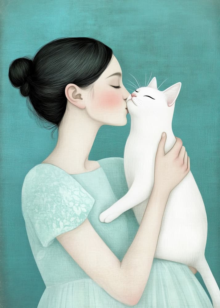 Girl's Gentle Cat Kiss by Justyna Jaszke — canvas wall art