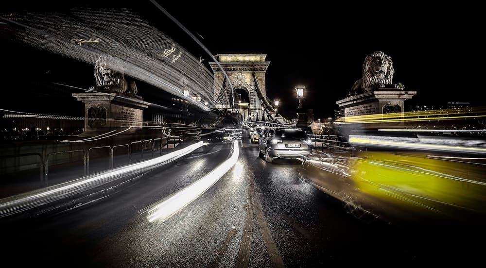 Budapest Bridge Light Trails by Carmine Chiriacò — canvas wall art