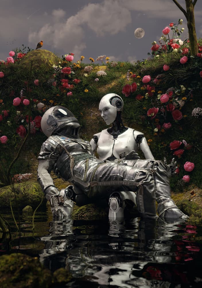 Moonlit Robot Embrace by Nicebleed — canvas wall art