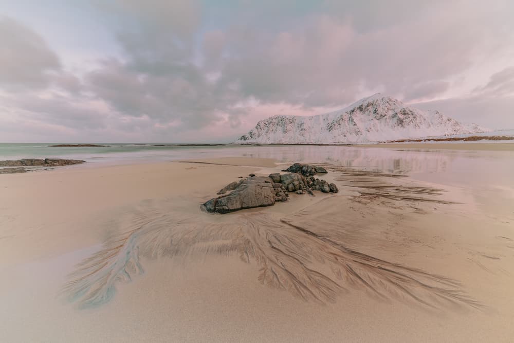 Snowy Beach Mountains by Adrian Popan — canvas wall art