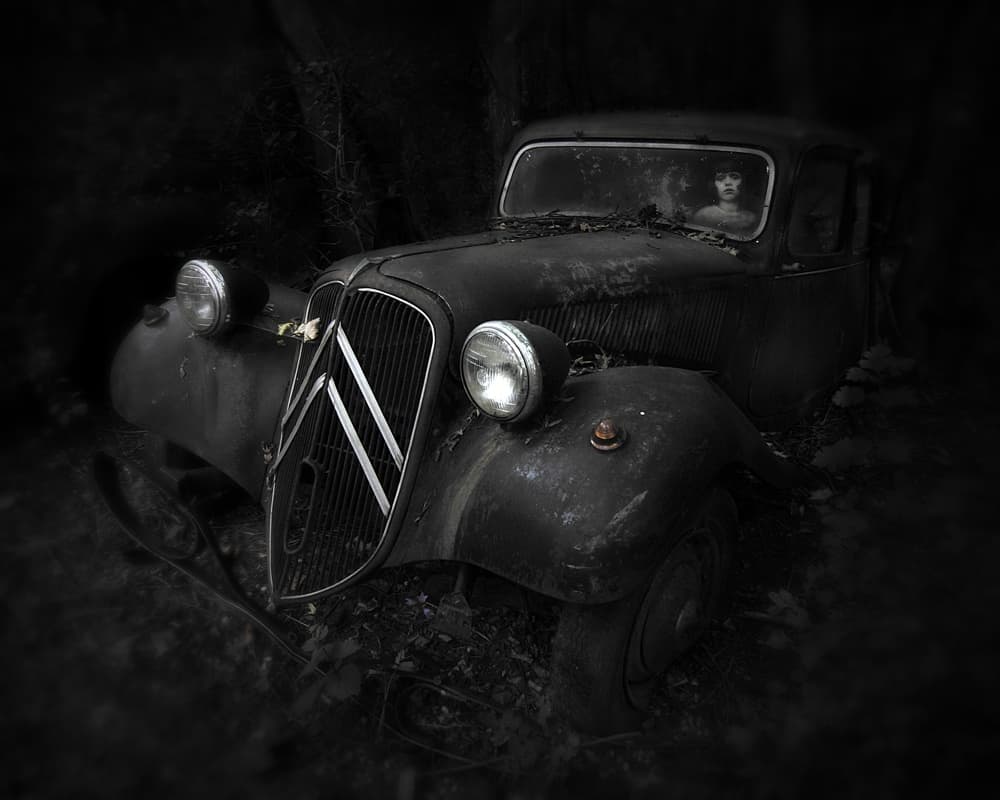 Mysterious Woman Vintage Car by Holger Droste — canvas wall art