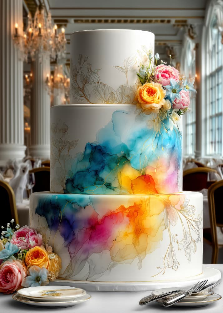 Vibrant Watercolor Wedding Cake by Justyna Jaszke — canvas wall art