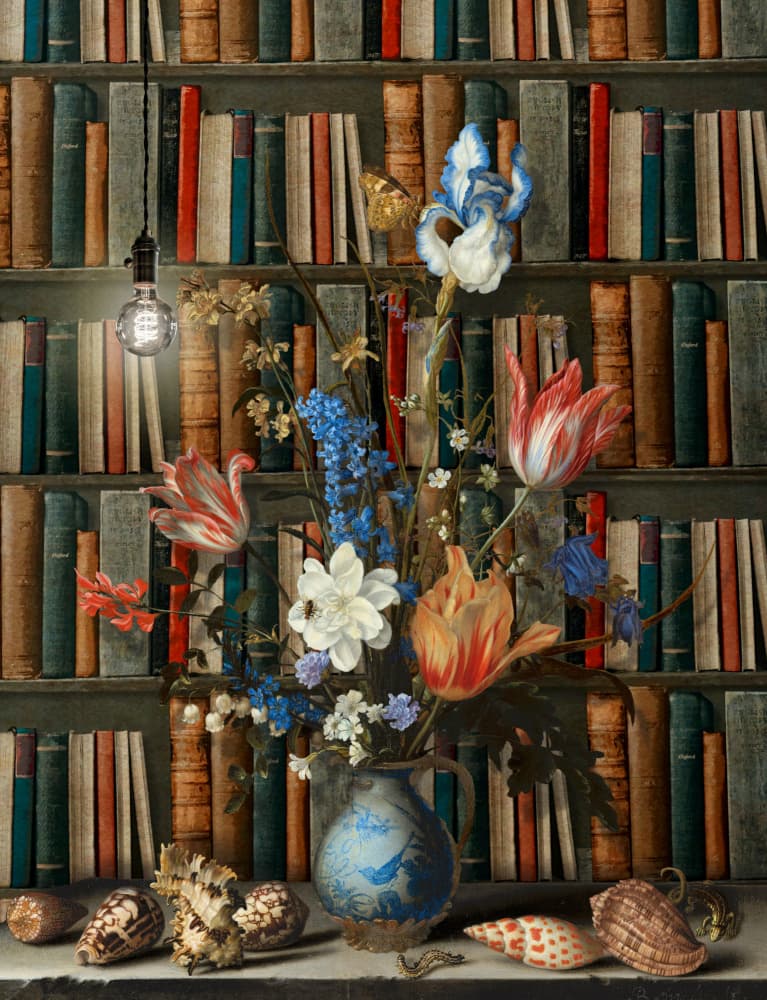 Illuminated Library Still Life by Marja van den Hurk — canvas wall art