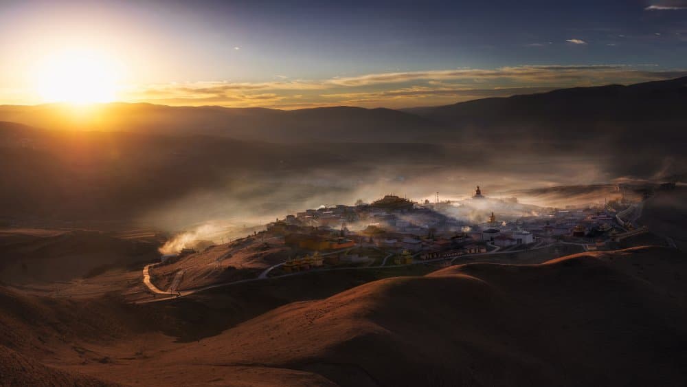Misty Hilltop Village Sunrise by Selions(陈磊) — canvas wall art