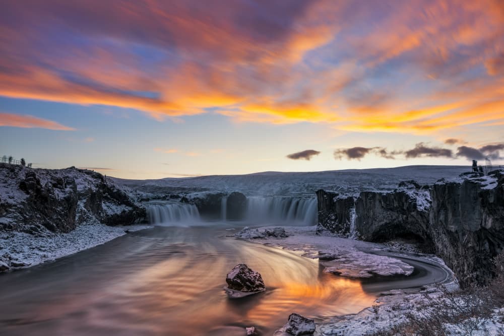 Winter Waterfall Sunset by James Zhen Yu — canvas wall art