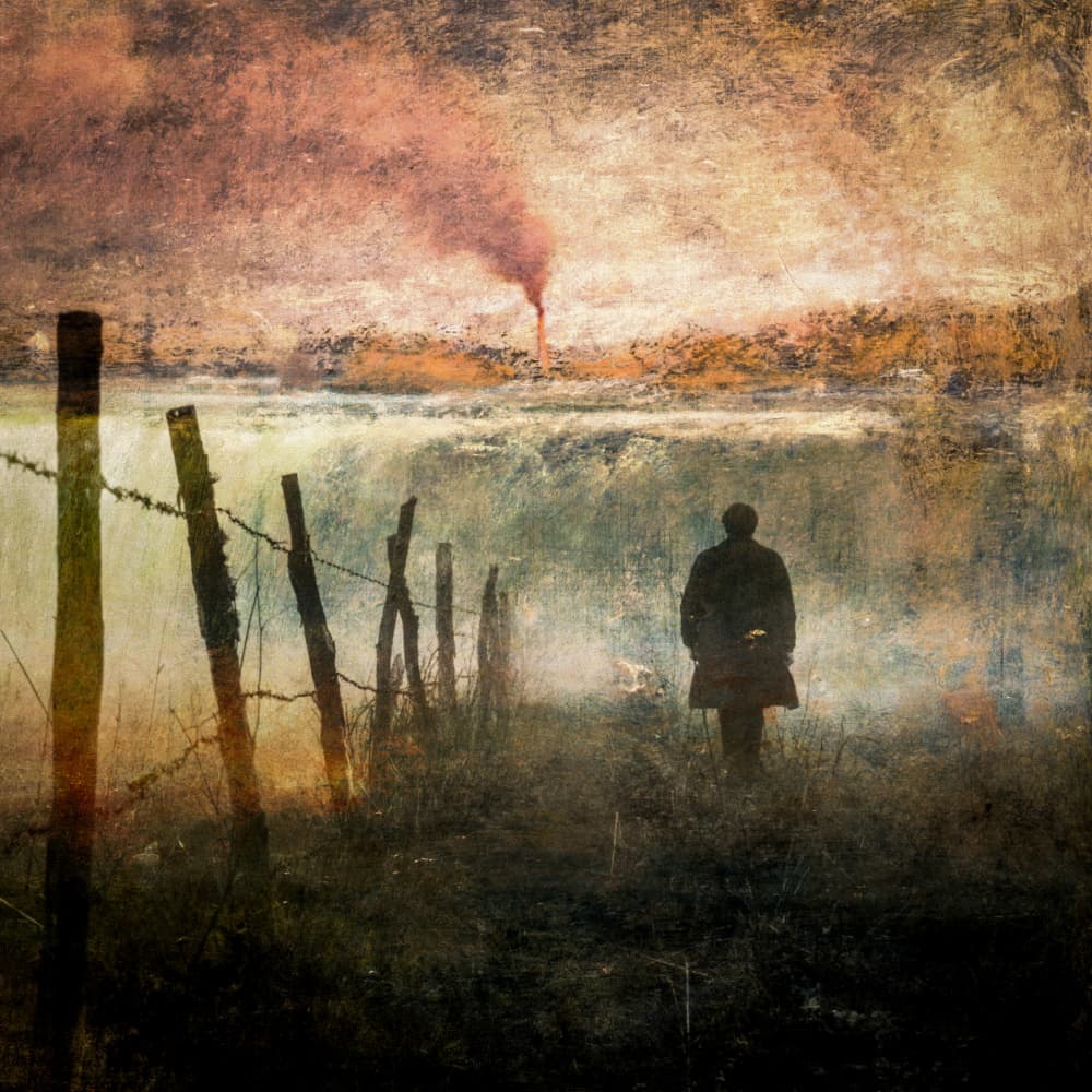 Lone Man Industrial Landscape by Marja van den Hurk — canvas wall art