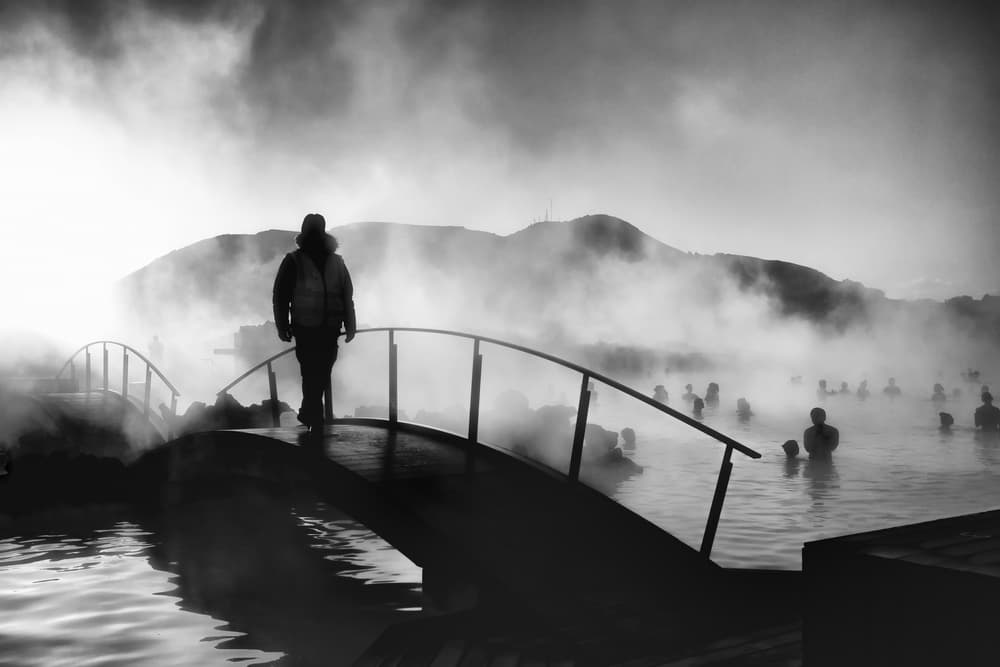 Misty Hot Spring Bridge by Michel Groleau — canvas wall art
