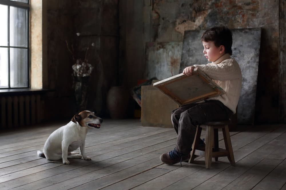 Boy Artist with Dog by Victoria Glinka — canvas wall art