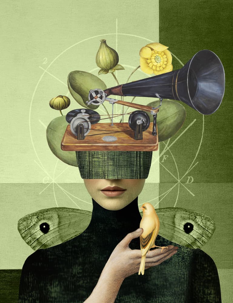 Phonograph Woman and Bird by Marja van den Hurk — canvas wall art