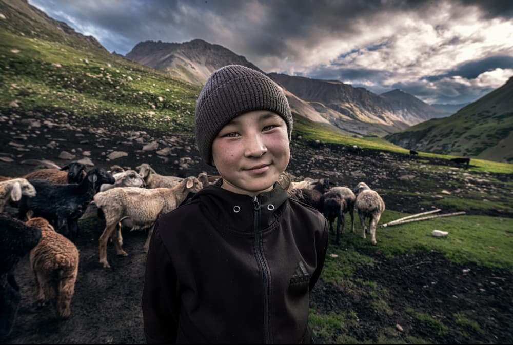 Smiling Shepherd Boy Mountains by Waldemar Szmidt — canvas wall art