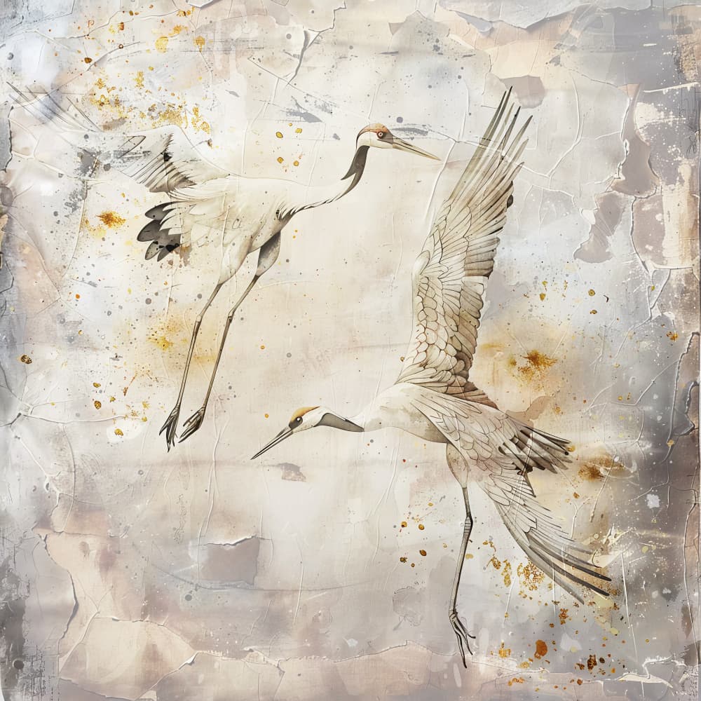 Elegant Cranes in Flight by Rafal Kulik — canvas wall art