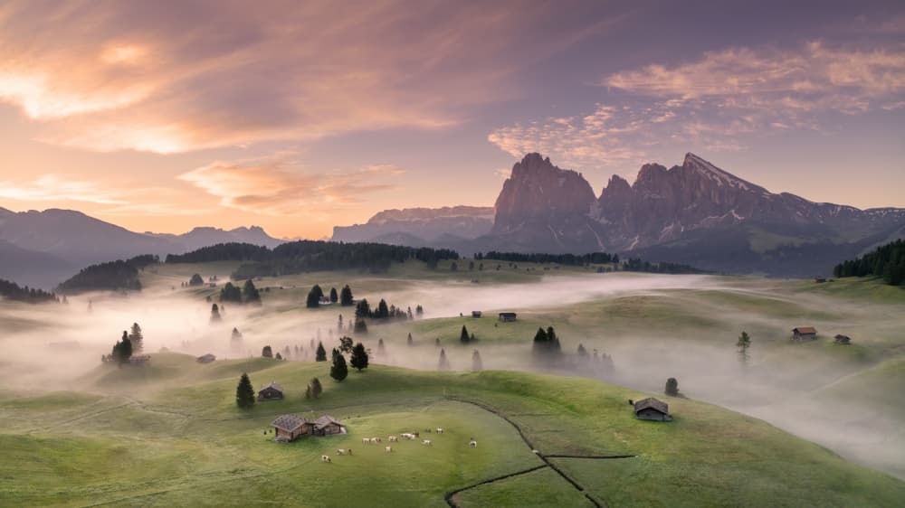 Misty Dolomites Sunrise by tianhuayu — canvas wall art