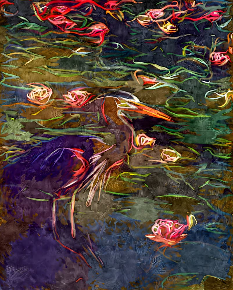 Painterly Heron Water Lilies by Uma Gokhale — canvas wall art
