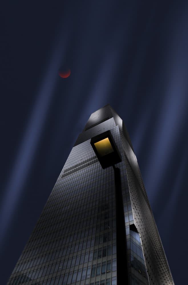 Red Moon City Skyscraper by Larry Deng APA — canvas wall art