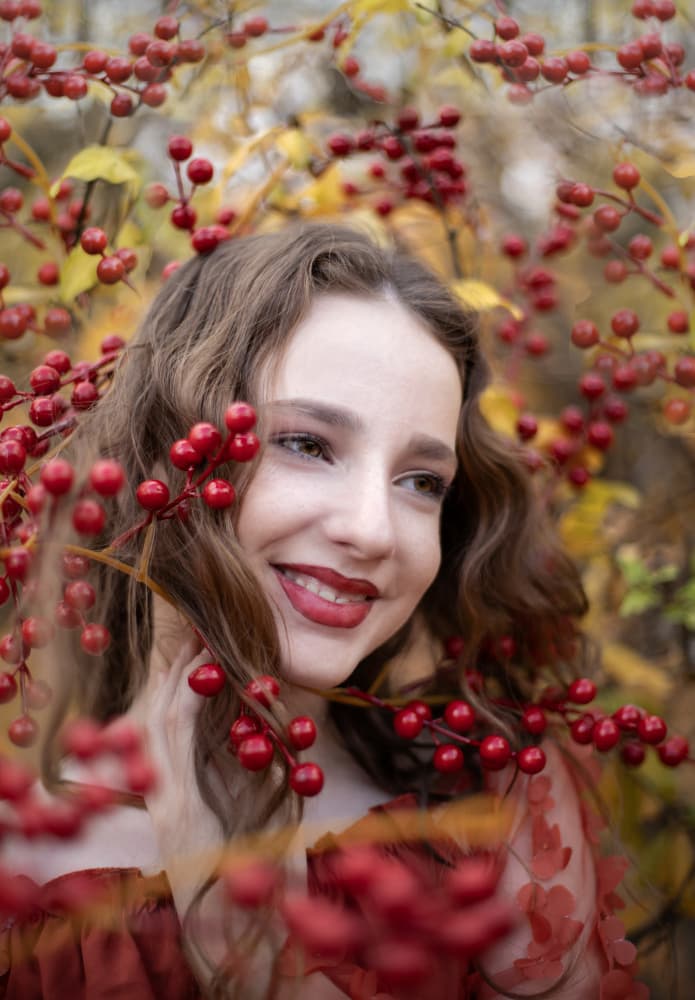 Smiling Woman Autumn Berries by Sharon Levy — canvas wall art