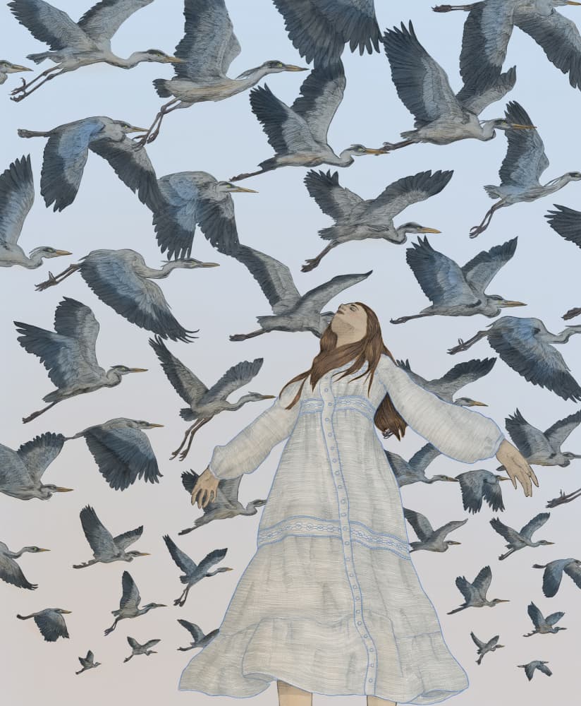 Woman And Flying Herons by EC Mazur — canvas wall art