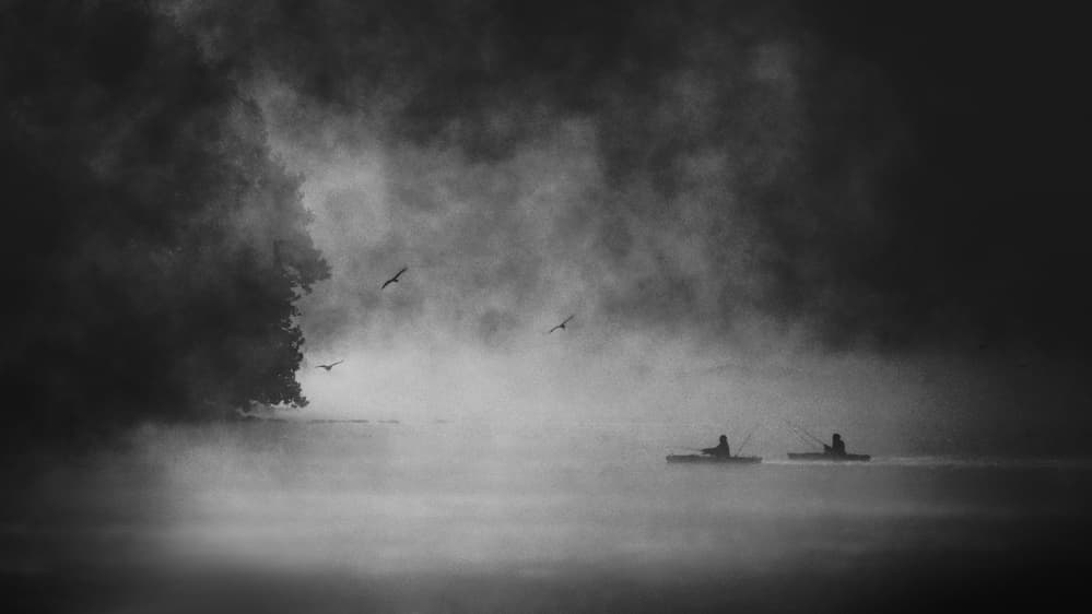 Misty Lake Fishermen by Rob Li — canvas wall art