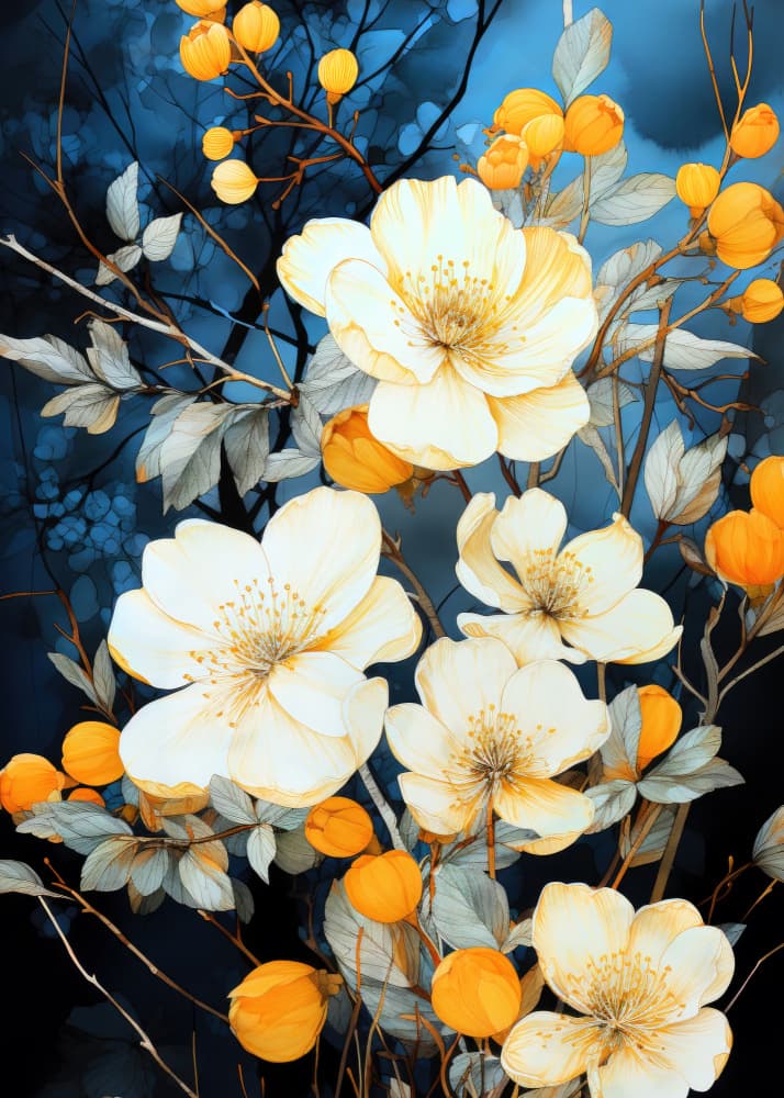 White Flowers Golden Berries by Justyna Jaszke — canvas wall art
