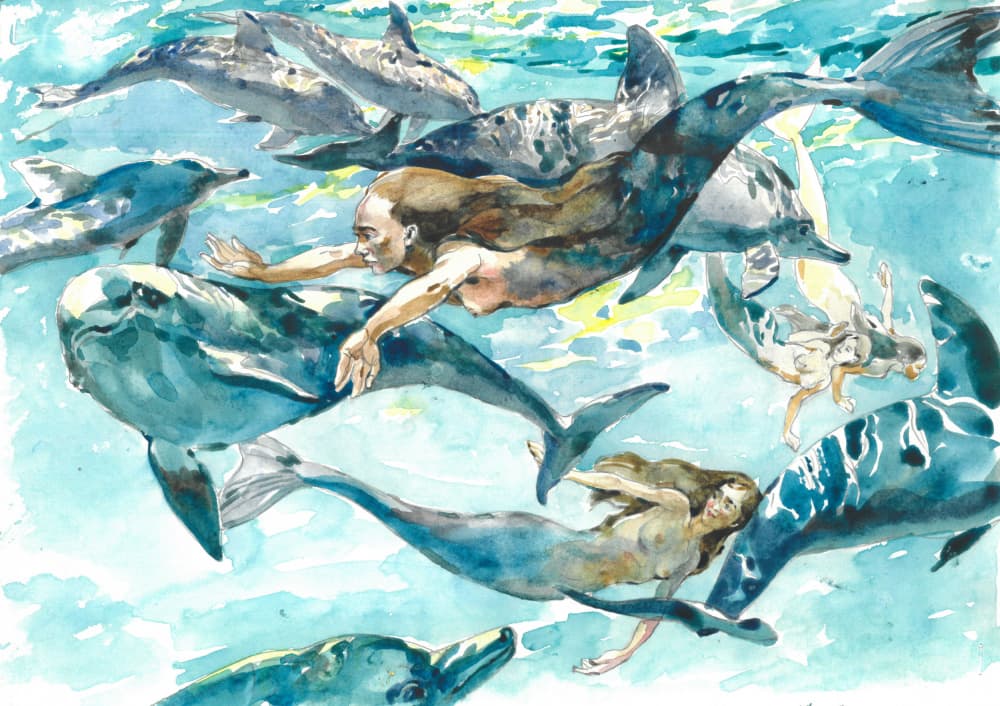 Mermaids Dolphin Dance by Andrii Kutsachenko — canvas wall art