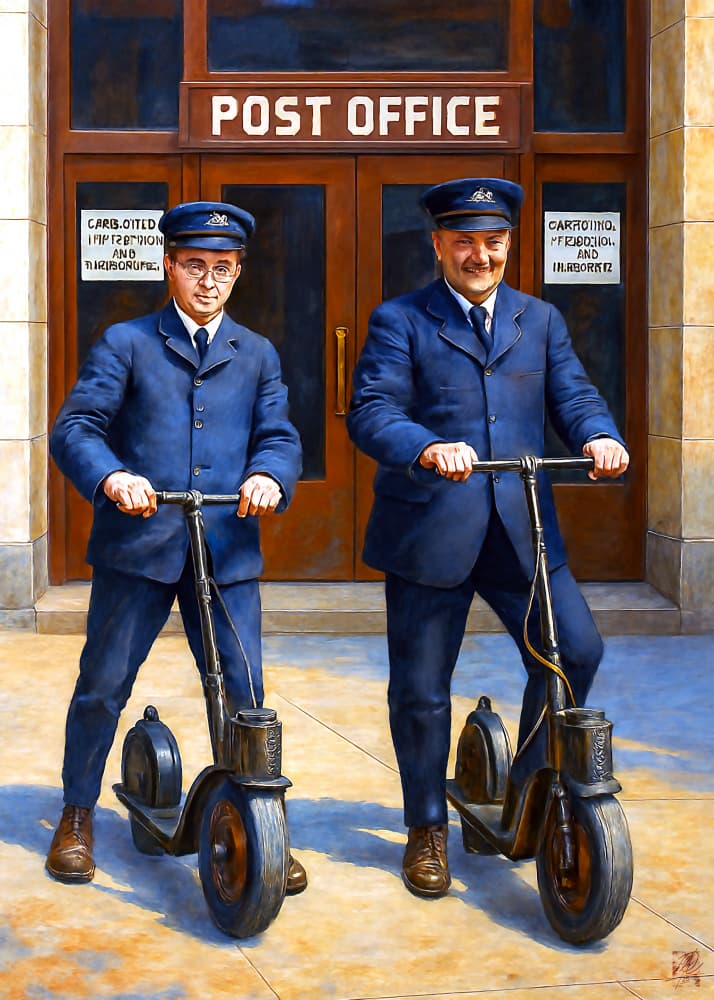 Postmen on Vintage Scooters by Osvaldo Russo — canvas wall art