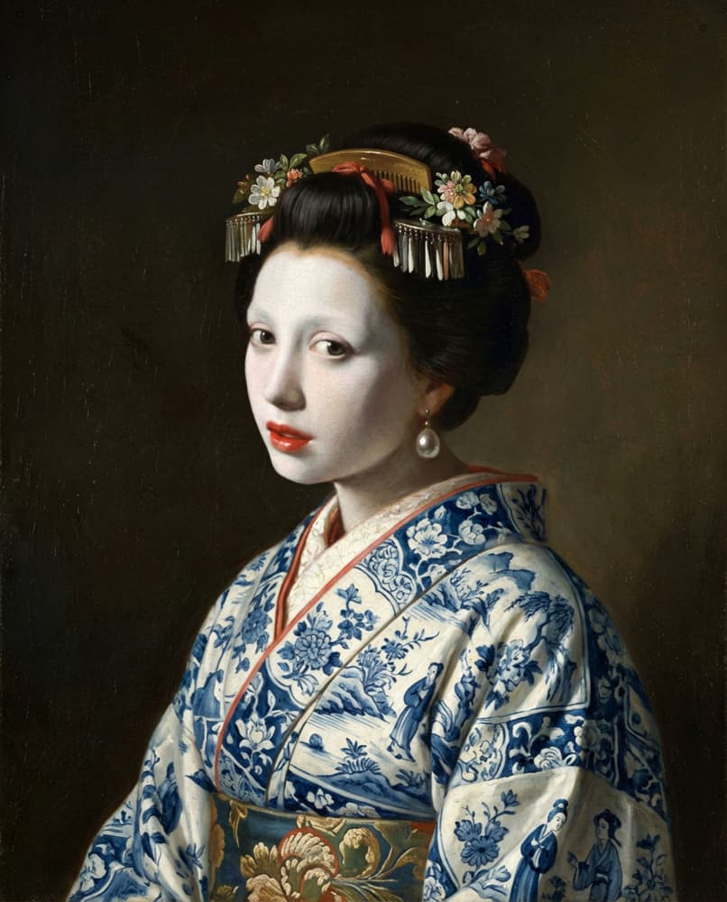 Geisha in Blue Kimono by Marja van den Hurk — canvas wall art