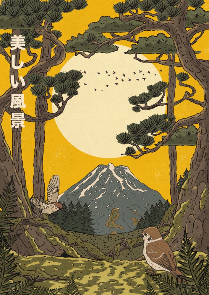 Mount Fuji Forest Birds by Nicholas — canvas wall art