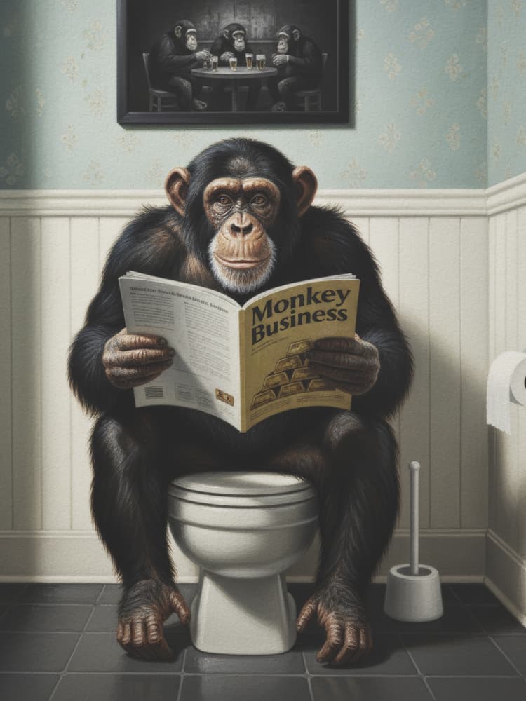 Reading Chimp In Bathroom by Andreas Magnusson — canvas wall art