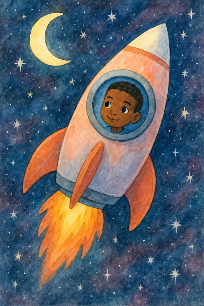 Child rocket flying through space by Natalie Bruns — canvas wall art