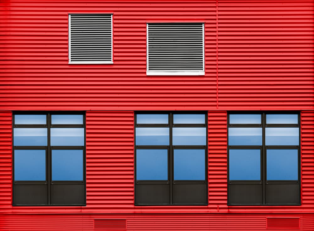 Vibrant Red Architecture by Roland M Schwerdtfeger — canvas wall art
