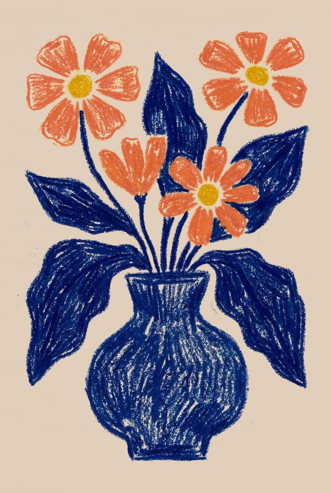 Orange Flowers Blue Vase by Melloi Art Prints — canvas wall art