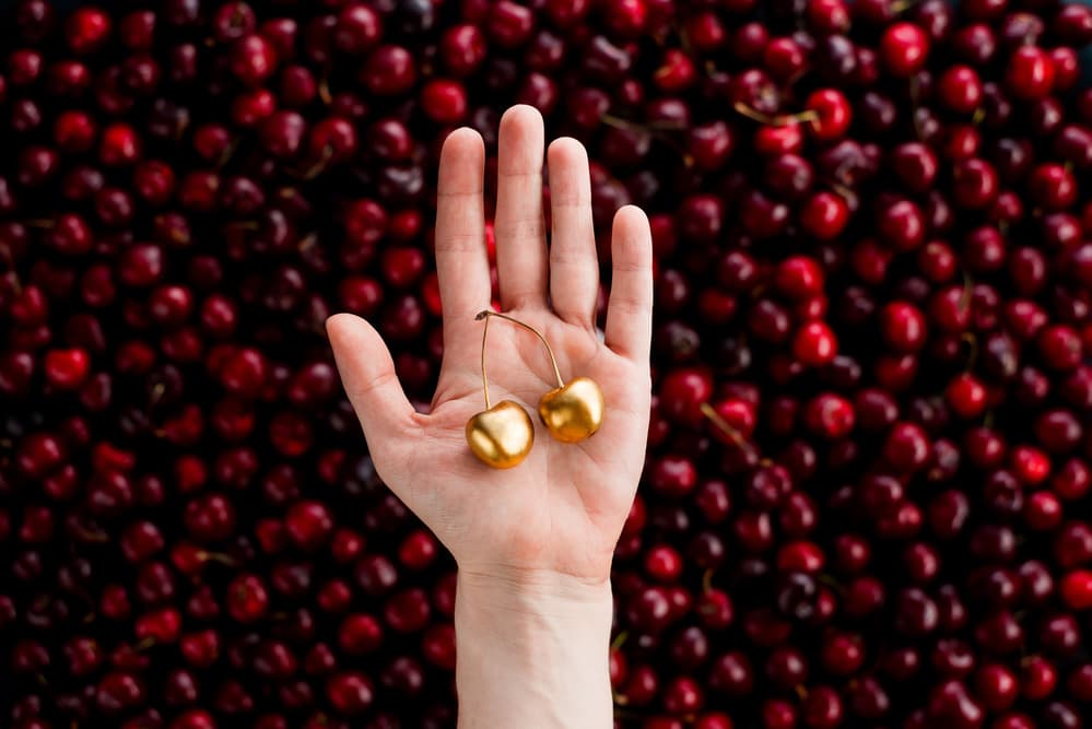 Hand Holding Golden Cherries by Dina Belenko — canvas wall art