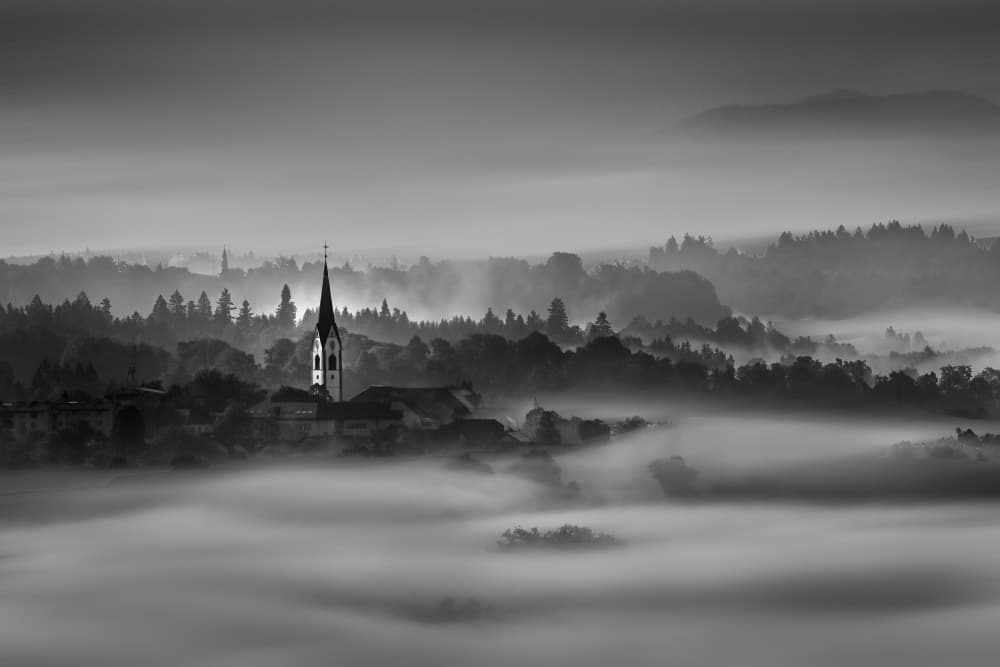Church Above Fog by Dennis Zhang — canvas wall art