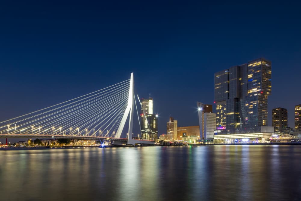 Urban Night Bridge Reflections by Melanie Viola — canvas wall art