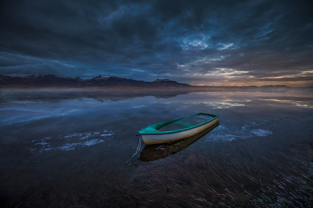 Moody Lake Boat Reflection by Peter Svoboda MQEP — canvas wall art