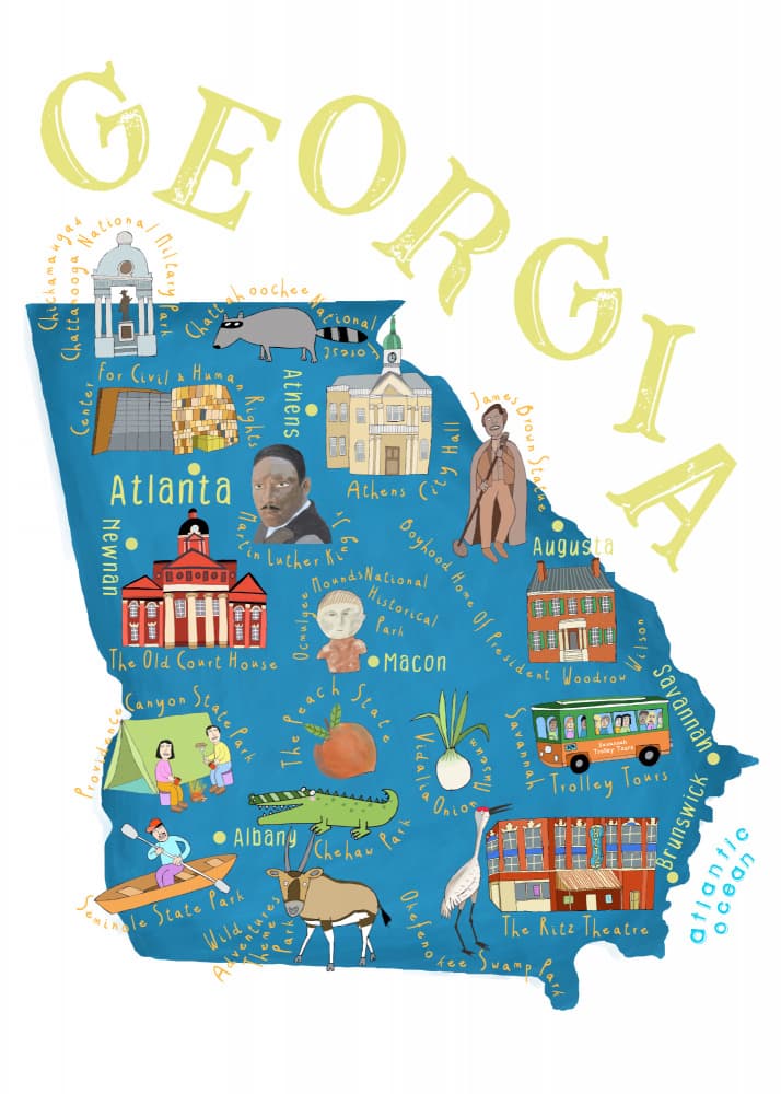 Illustrated Georgia Map by Carla Daly — canvas wall art