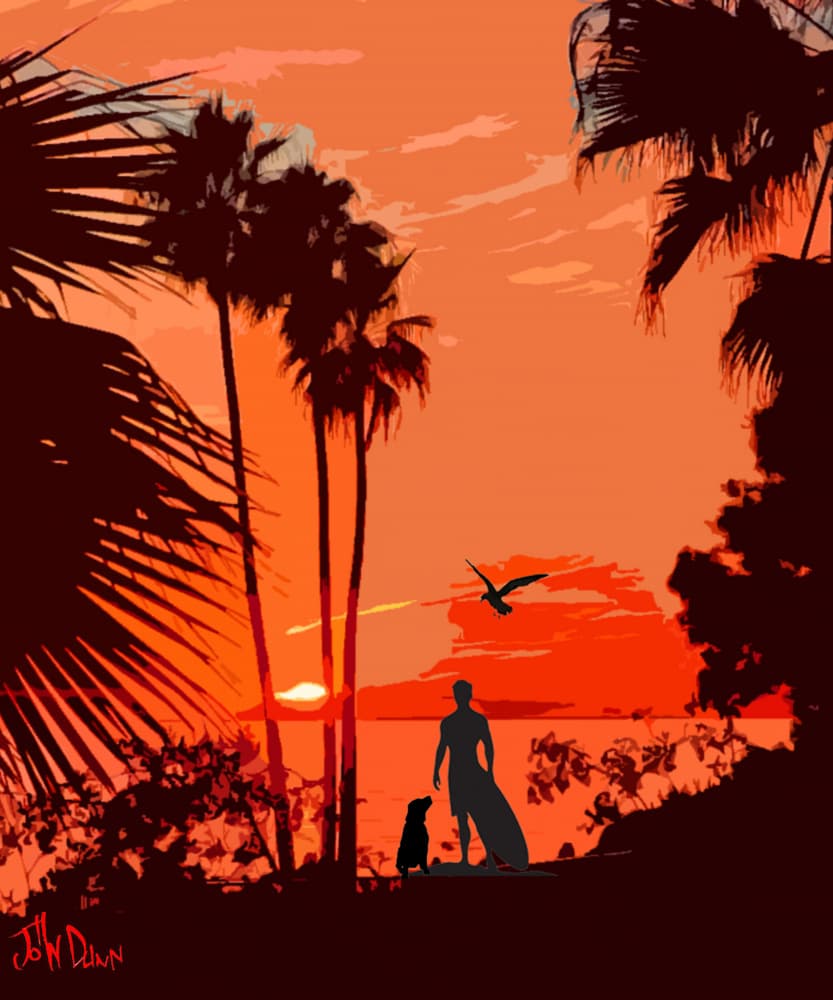 Surfer Dog Tropical Sunset by John Dunn — canvas wall art