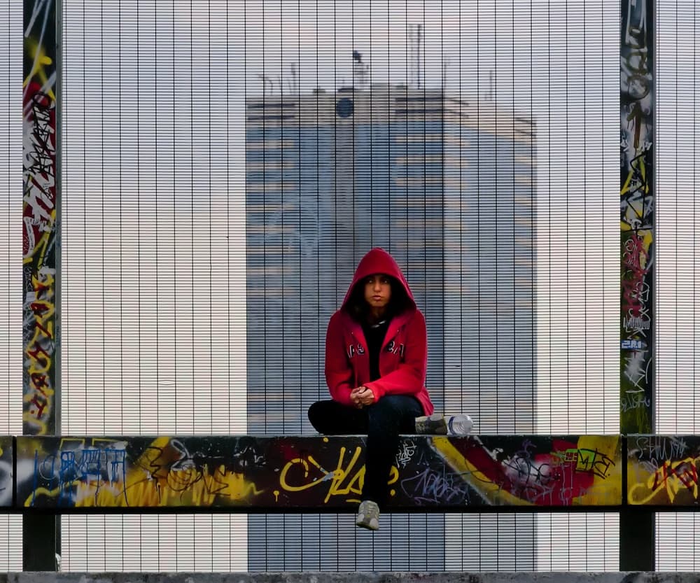 Red Hoodie Urban Solitude by Jef Van den Houte — canvas wall art