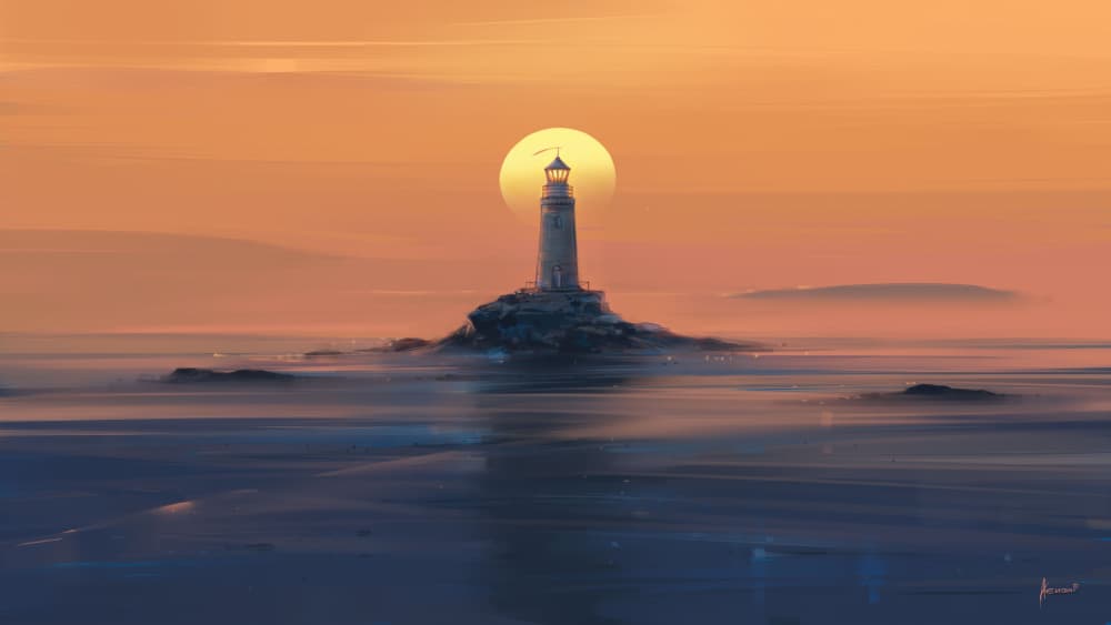 Golden Lighthouse Sunset by Alena Aenami — canvas wall art