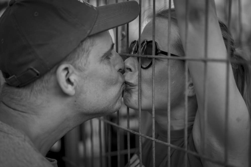 Romantic Kiss Through Fence by Eyal Alcalay — canvas wall art